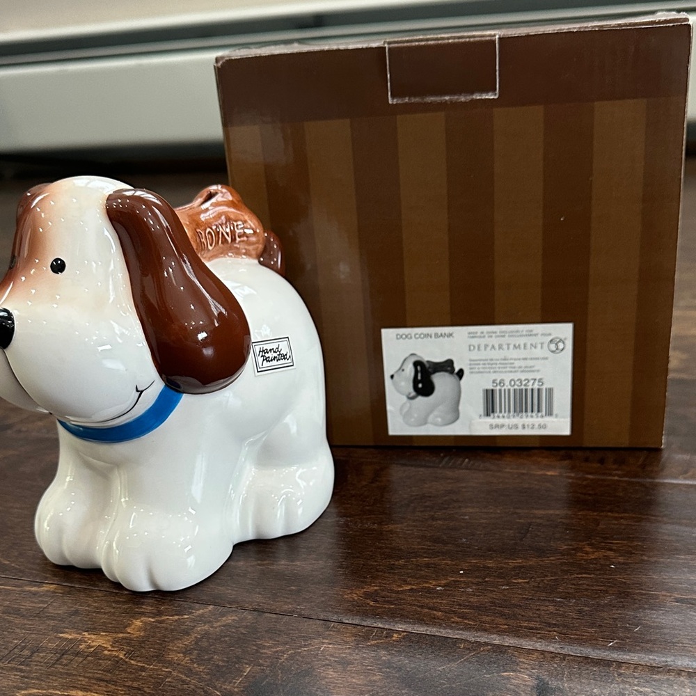 Department 56 White and Brown Ceramic Dog Coin Bank with Blue Collar